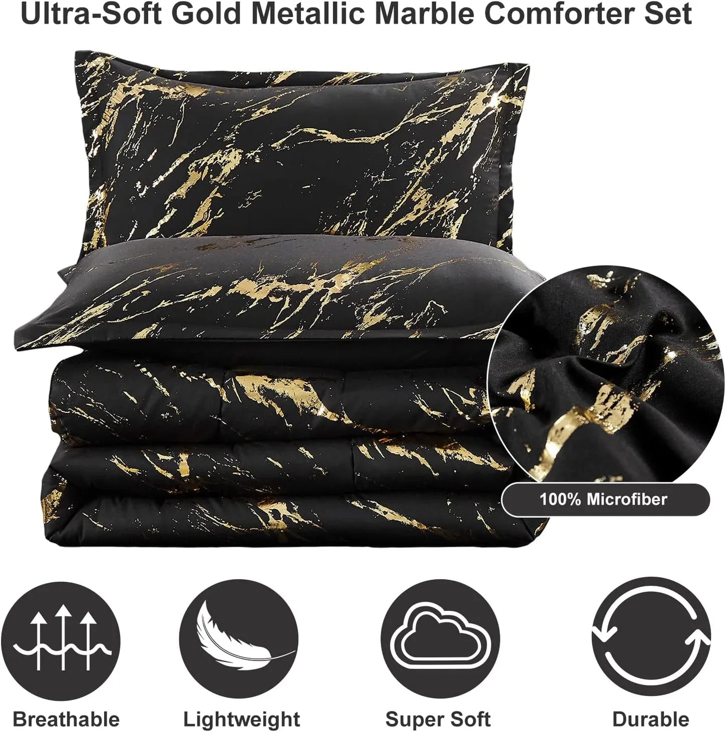 Black Gold Metallic Marble Comforter Set, King Size, Foil Print Glitter 3-Piece Bedding - Mekamart Australia