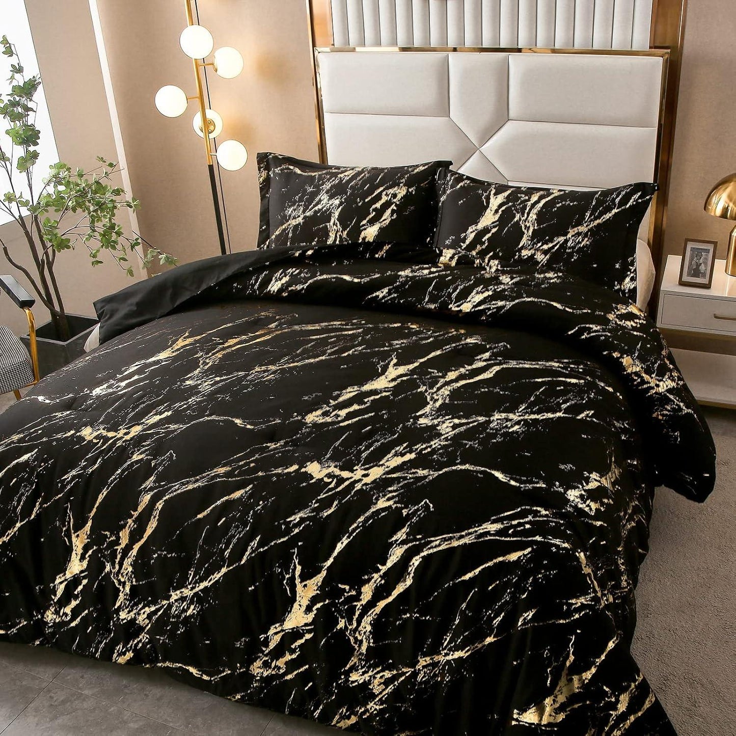 Black Gold Metallic Marble Comforter Set, King Size, Foil Print Glitter 3-Piece Bedding - Mekamart Australia