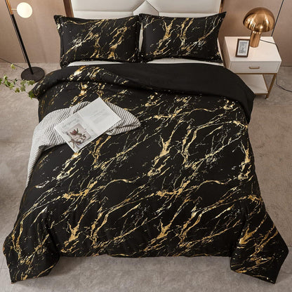 Black Gold Metallic Marble Comforter Set, King Size, Foil Print Glitter 3-Piece Bedding - Mekamart Australia