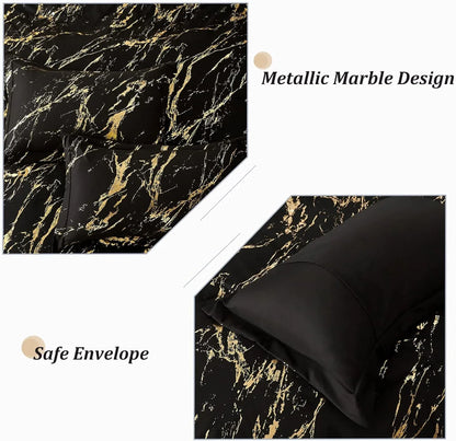 Black Gold Metallic Marble Comforter Set, King Size, Foil Print Glitter 3-Piece Bedding - Mekamart Australia