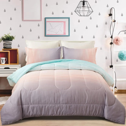 Girls Comforter Set, Queen Size, Ombre Blue Pink Rainbow 3-Piece Bedding Collection - Mekamart Australia