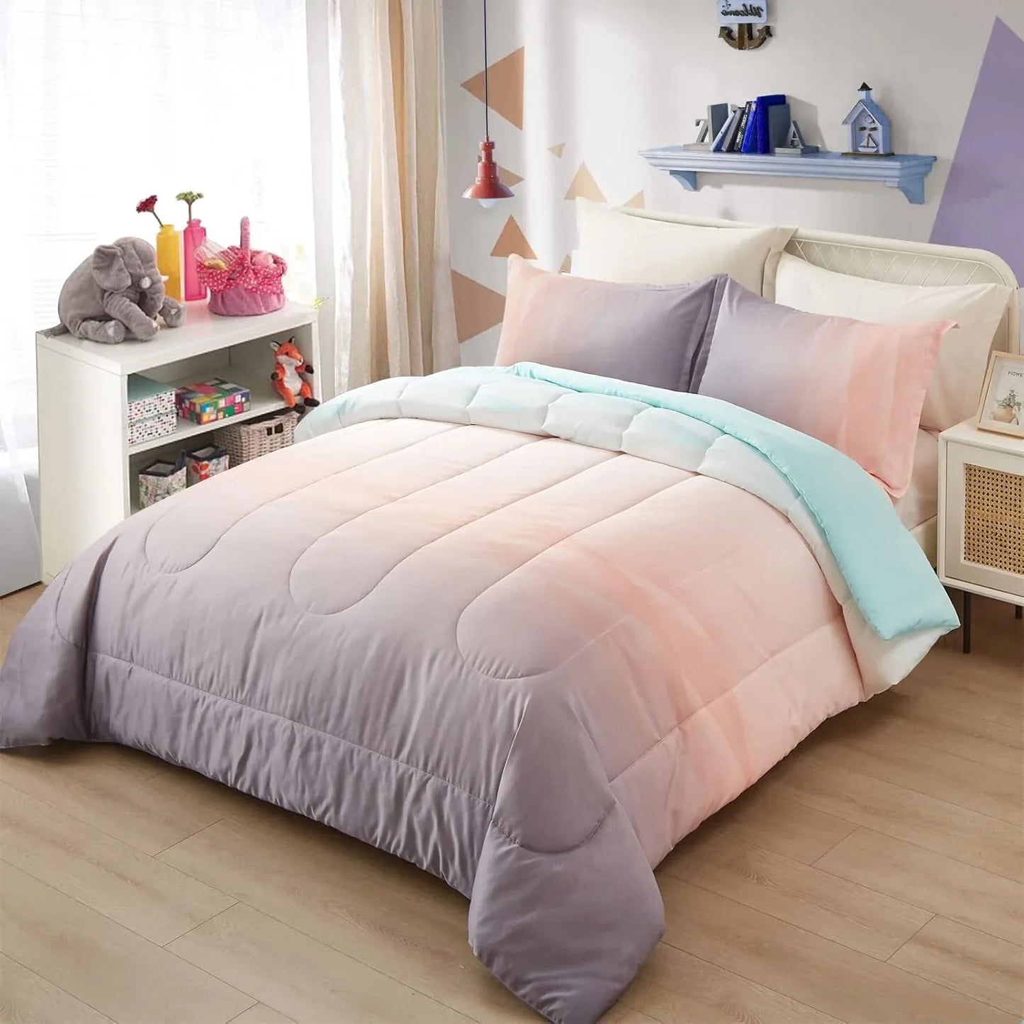 Girls Comforter Set, Queen Size, Ombre Blue Pink Rainbow 3-Piece Bedding Collection - Mekamart Australia