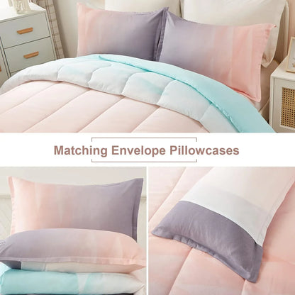 Girls Comforter Set, Queen Size, Ombre Blue Pink Rainbow 3-Piece Bedding Collection - Mekamart Australia