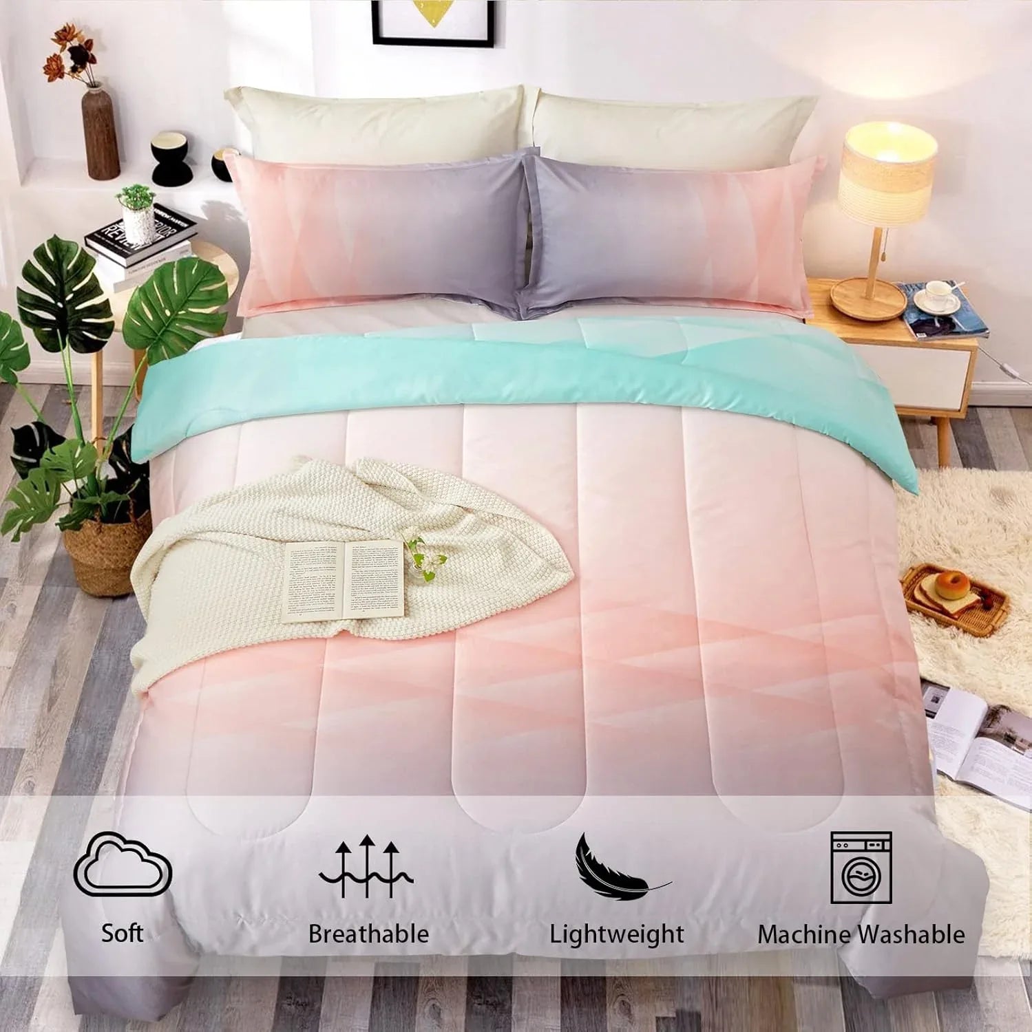 Girls Comforter Set, King Size, Ombre Blue Pink Rainbow 3-Piece Bedding Collection - Mekamart Australia