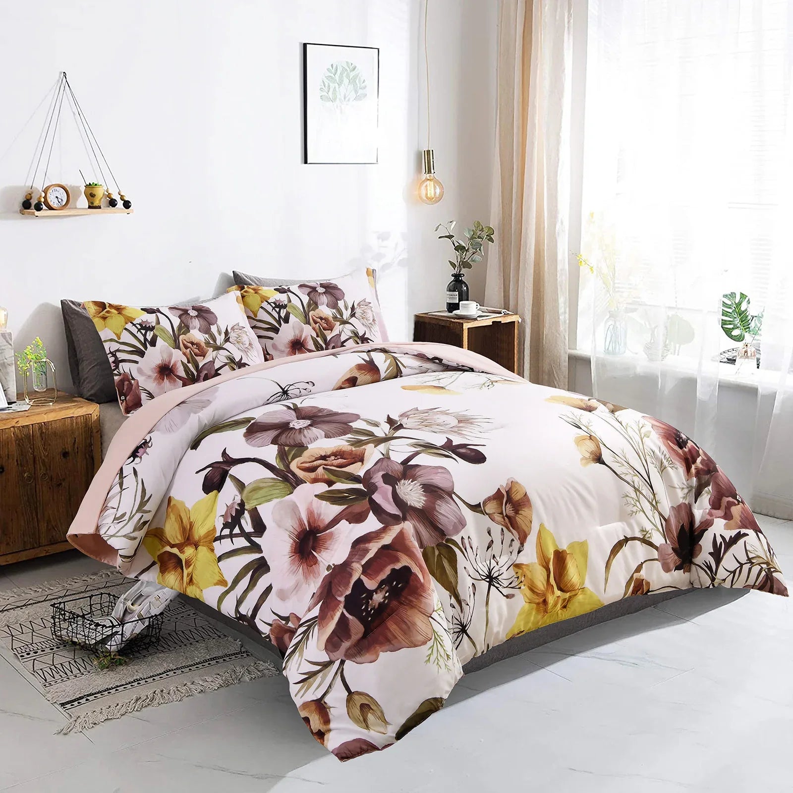 Floral Comforter Set, King Size, Blush Floral 3-Piece Bedding, Soft Microfiber for All Seasons - Mekamart Australia