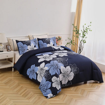 King Comforter Set, Navy Blue Floral 3-Piece Bedding, Soft Microfiber for All Seasons - Mekamart Australia