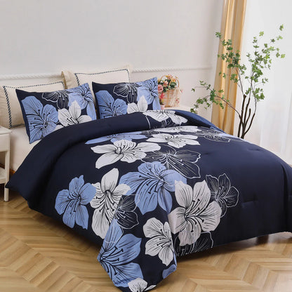 King Comforter Set, Navy Blue Floral 3-Piece Bedding, Soft Microfiber for All Seasons - Mekamart Australia