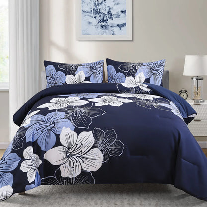 King Comforter Set, Navy Blue Floral 3-Piece Bedding, Soft Microfiber for All Seasons - Mekamart Australia