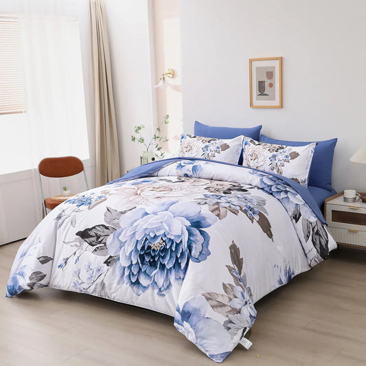 Plush Floral Comforter Set, King Size, Winter Quilted Bedding with Pillowcases - Mekamart Australia