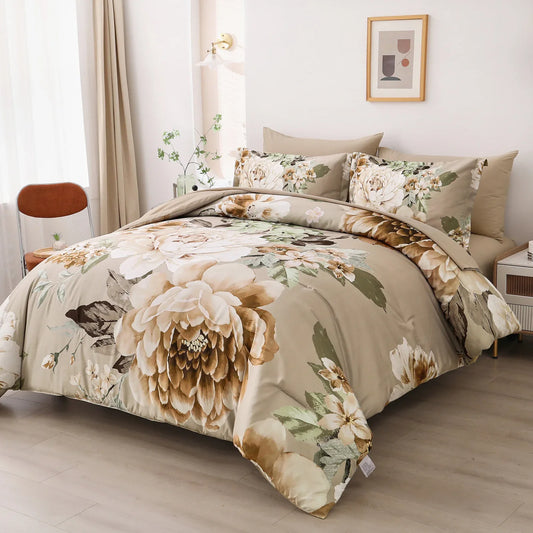 Cozy Floral Comforter Set, King Size, Quilted Warm Bedding with Pillowcases - Mekamart Australia