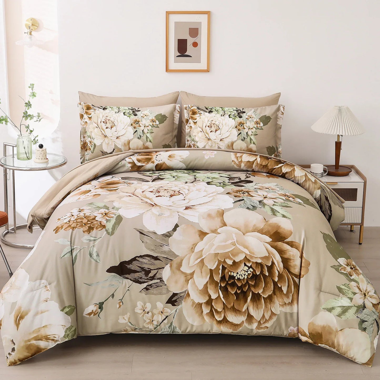 Cozy Floral Comforter Set, King Size, Quilted Warm Bedding with Pillowcases - Mekamart Australia