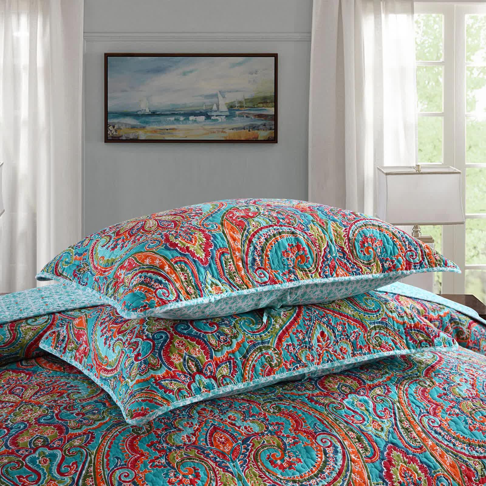 Blue Teal Boho Print Bedspread Quilt Set + Pillowcases - Mekamart Australia