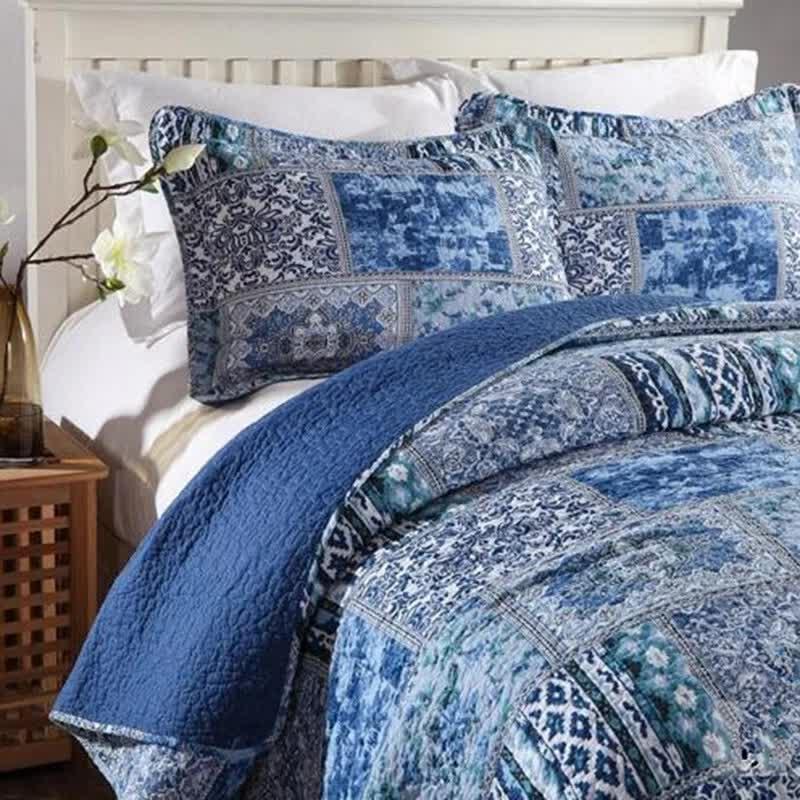 Boho Blue Quilted Coverlet & Pillow Set: Vibrant, Cozy Elegance - king - Mekamart Australia