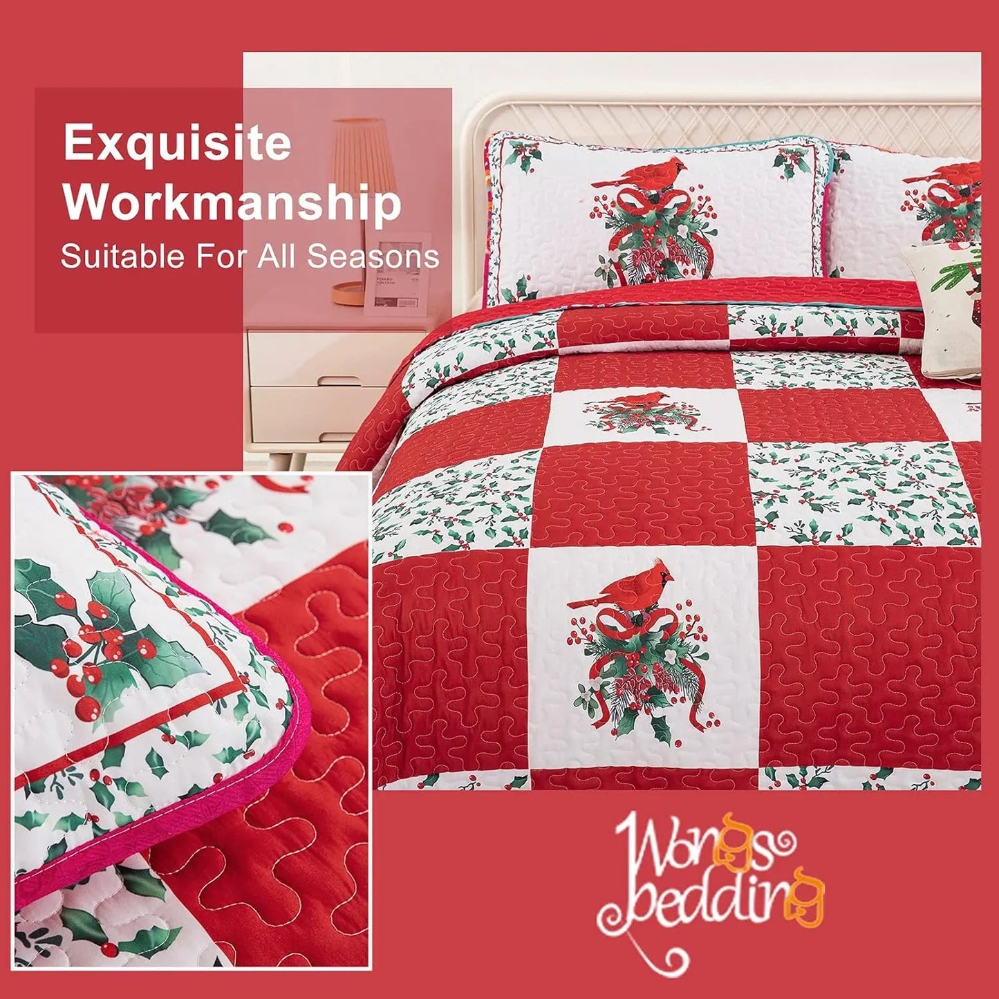 Elegant Red, greem & White Christmas Queen Bedspread Set - Mekamart Australia
