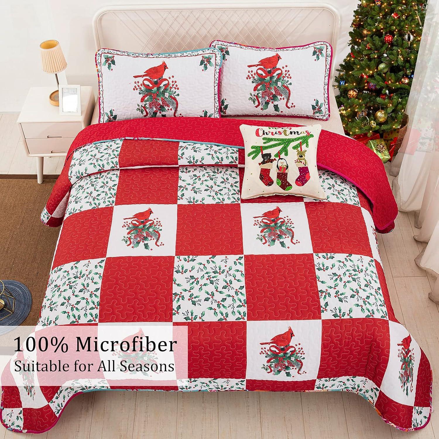 Elegant Red, greem & White Christmas Queen Bedspread Set - Mekamart Australia