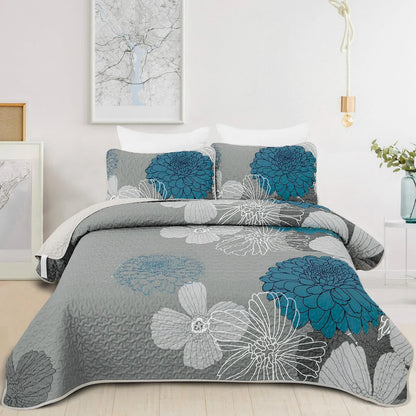 Grey Azure Bloom Quilted Coverlet Bedspread Set with Pillow Covers - Mekamart Australia