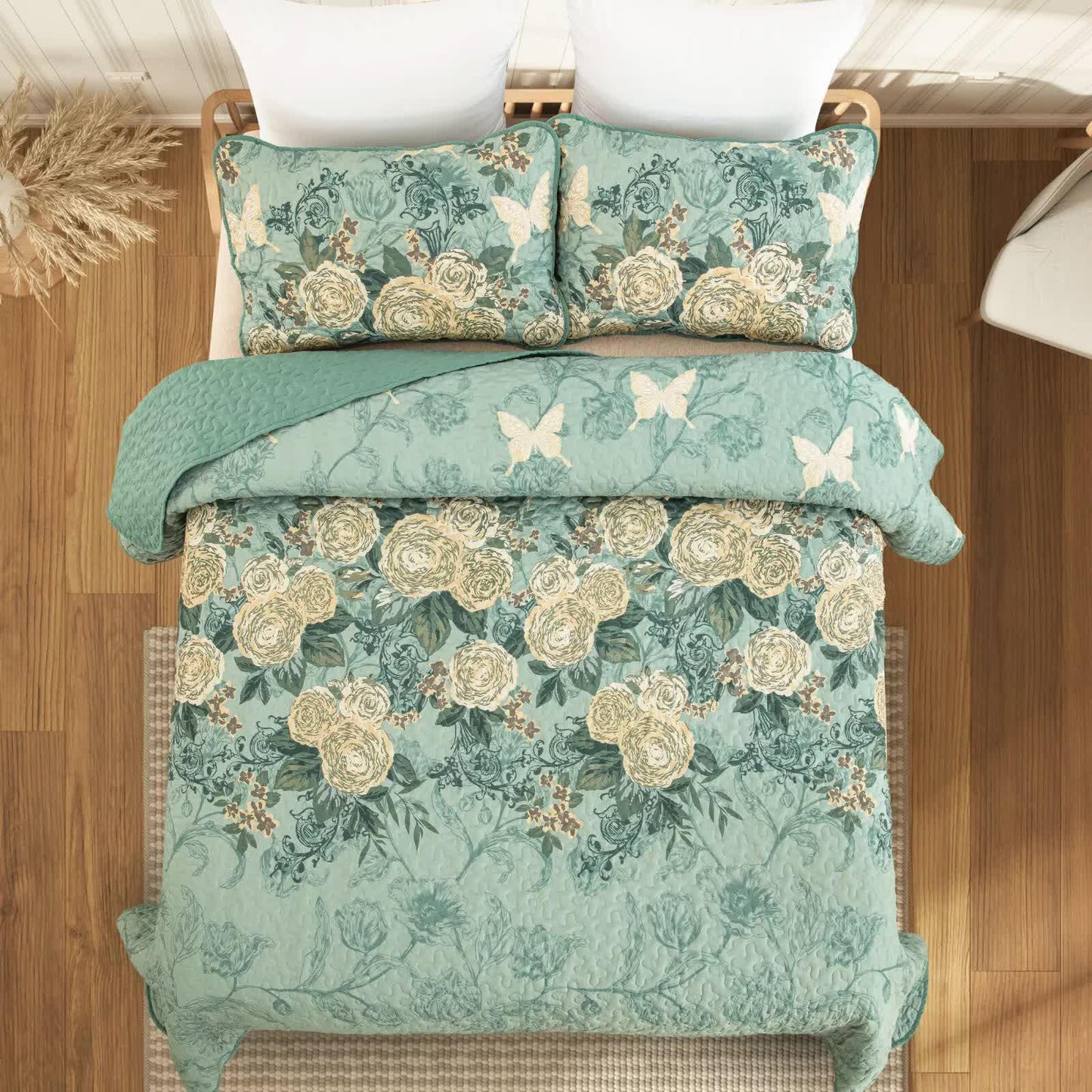 Meadow Butterfly Green Quilted Bedspread Set with Floral Details and Pillowcases - Mekamart Australia