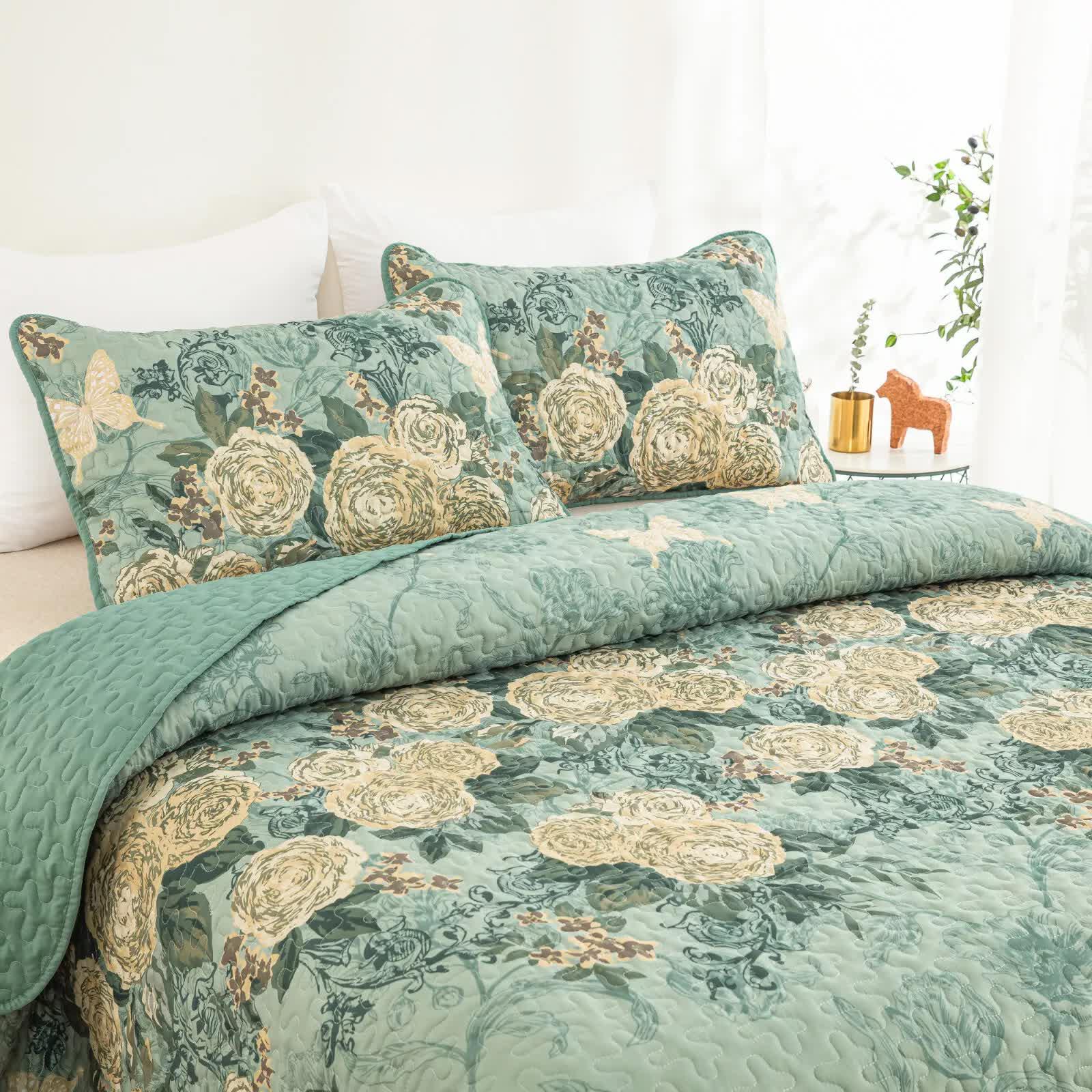 Meadow Butterfly Green Quilted Bedspread Set with Floral Details and Pillowcases - Mekamart Australia
