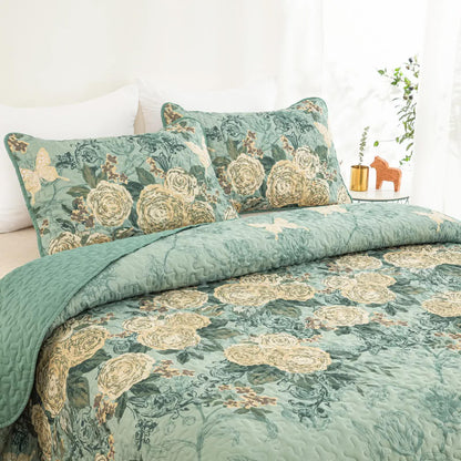 Meadow Butterfly Green Quilted Bedspread Set with Floral Details and Pillowcases - Mekamart Australia