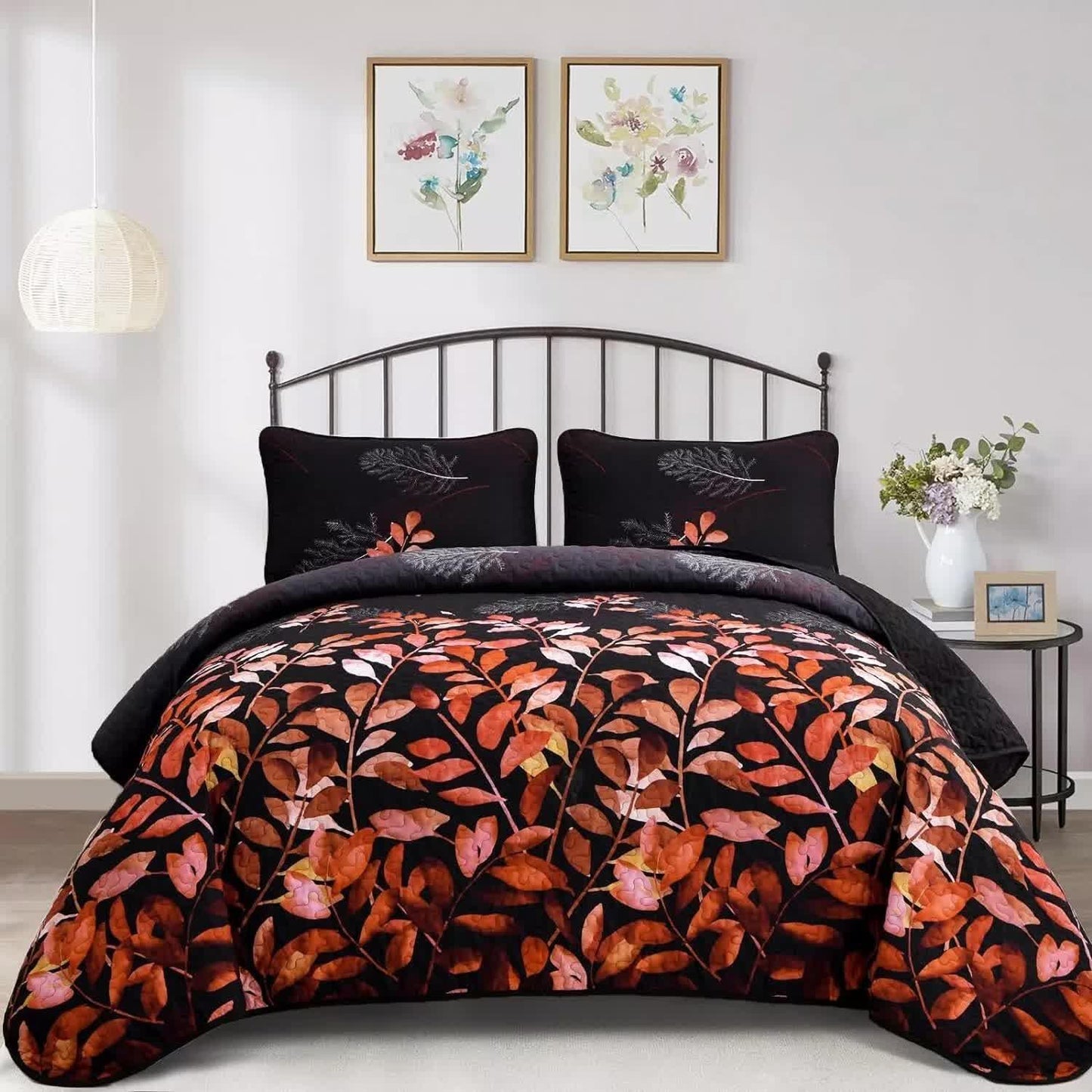 Black and Red Leaves Quilted Bedspread & Pillowcase Set - Mekamart Australia