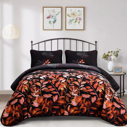 Black and Red Leaves Quilted Bedspread & Pillowcase Set - Mekamart Australia