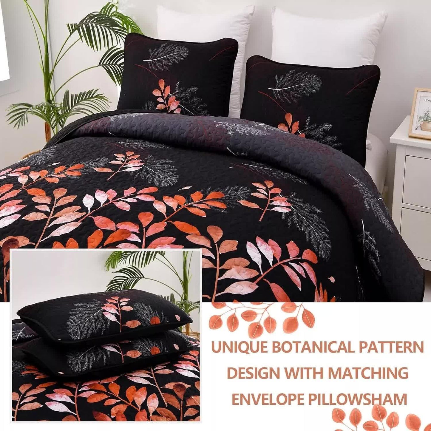 Black and Red Leaves Quilted Bedspread & Pillowcase Set - Mekamart Australia