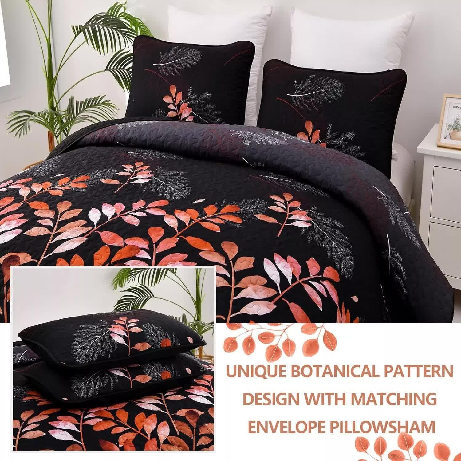 Black and Red Leaves Quilted Bedspread & Pillowcase Set - Mekamart Australia