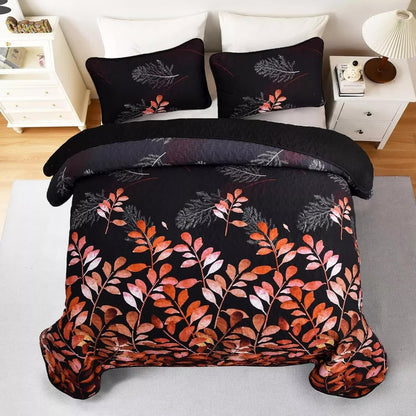 Black and Red Leaves Quilted Bedspread & Pillowcase Set - Mekamart Australia