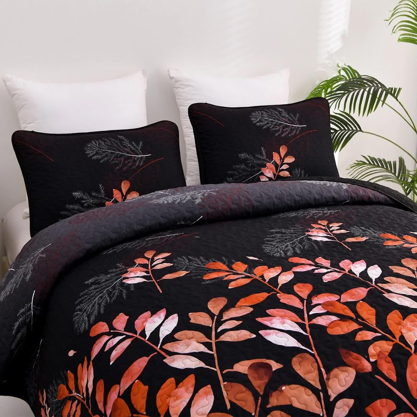Black and Red Leaves Quilted Bedspread & Pillowcase Set - Mekamart Australia