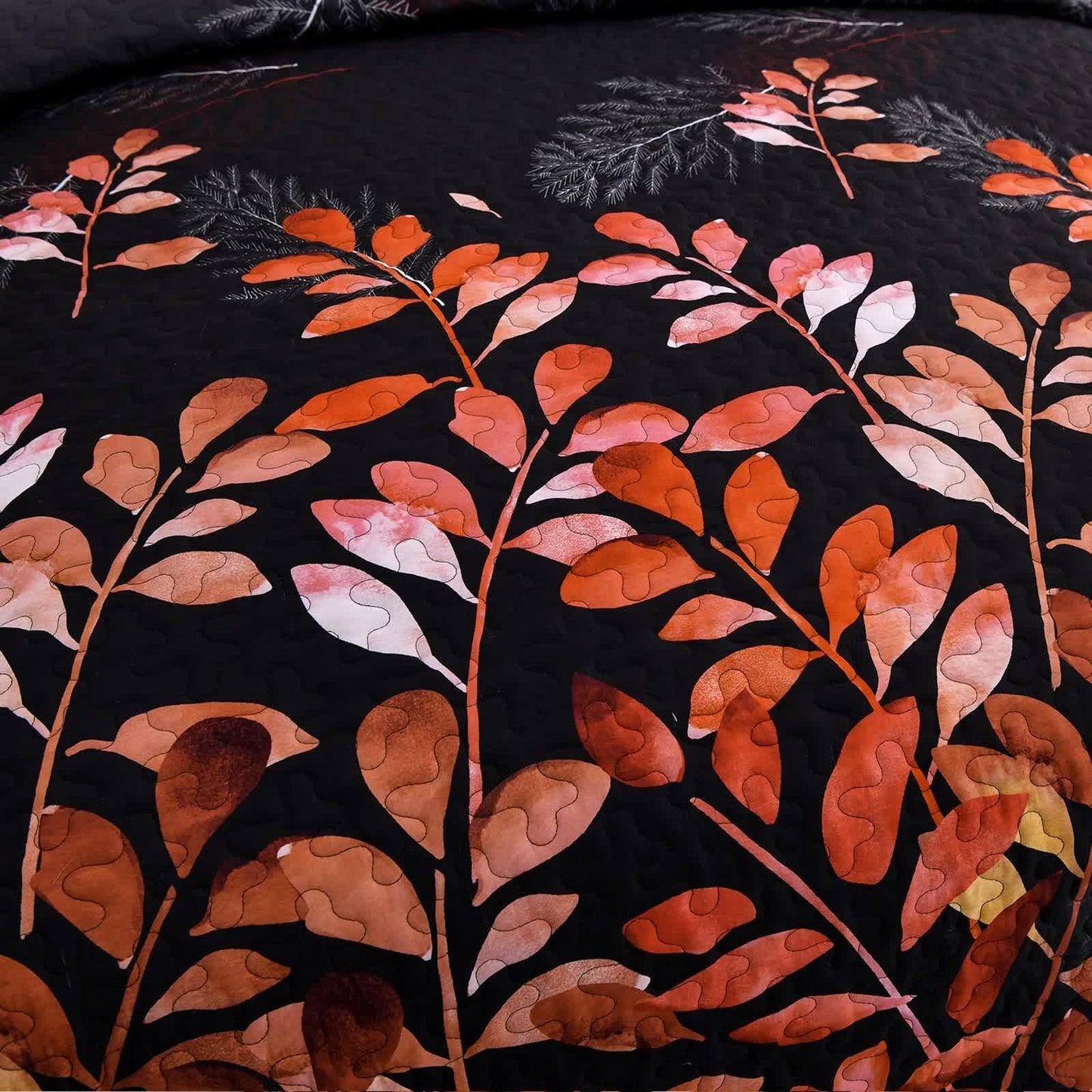 Black and Red Leaves Quilted Bedspread & Pillowcase Set - Mekamart Australia