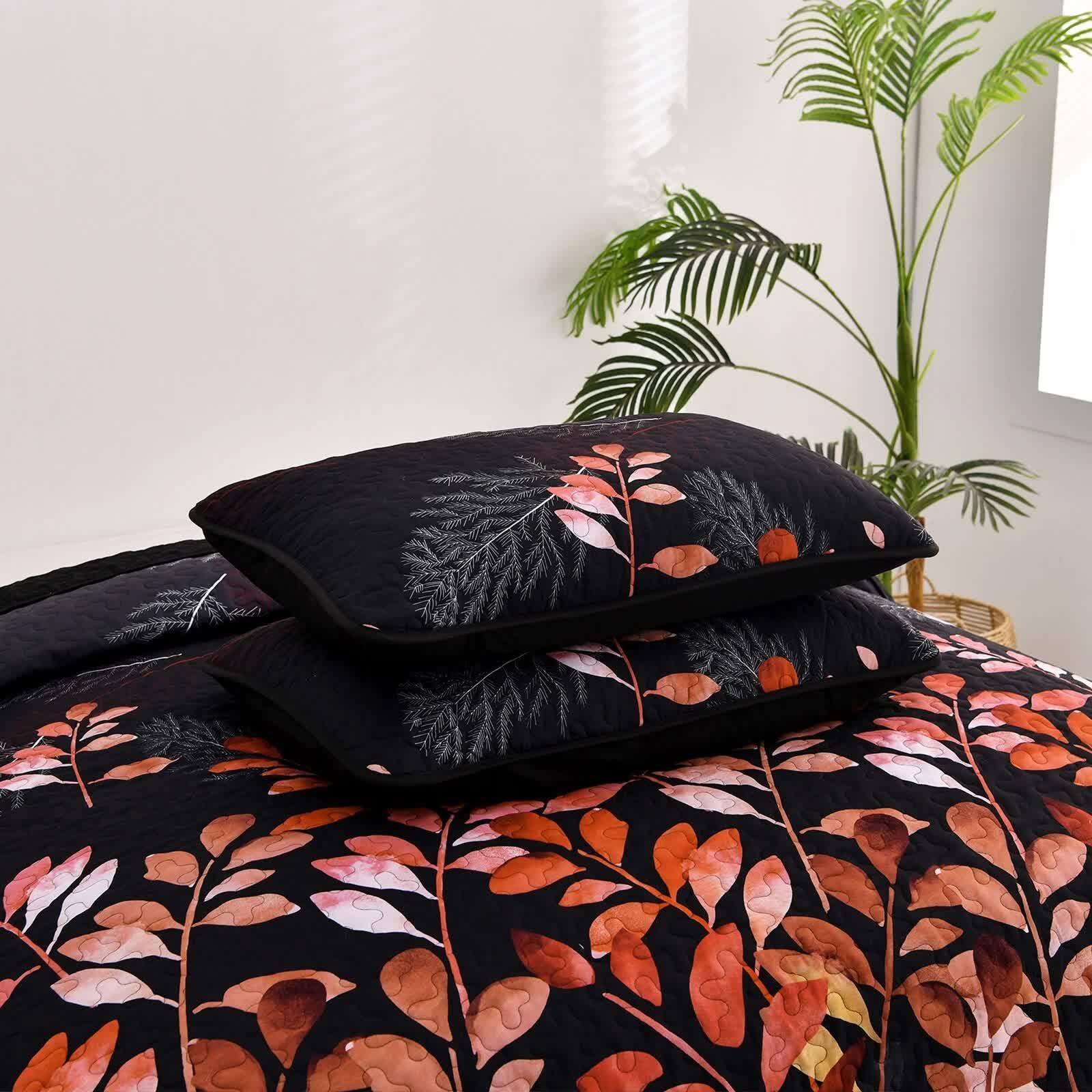 Black and Red Leaves Quilted Bedspread & Pillowcase Set - Mekamart Australia