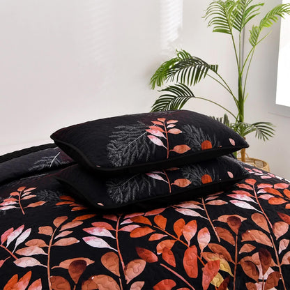 Black and Red Leaves Quilted Bedspread & Pillowcase Set - Mekamart Australia
