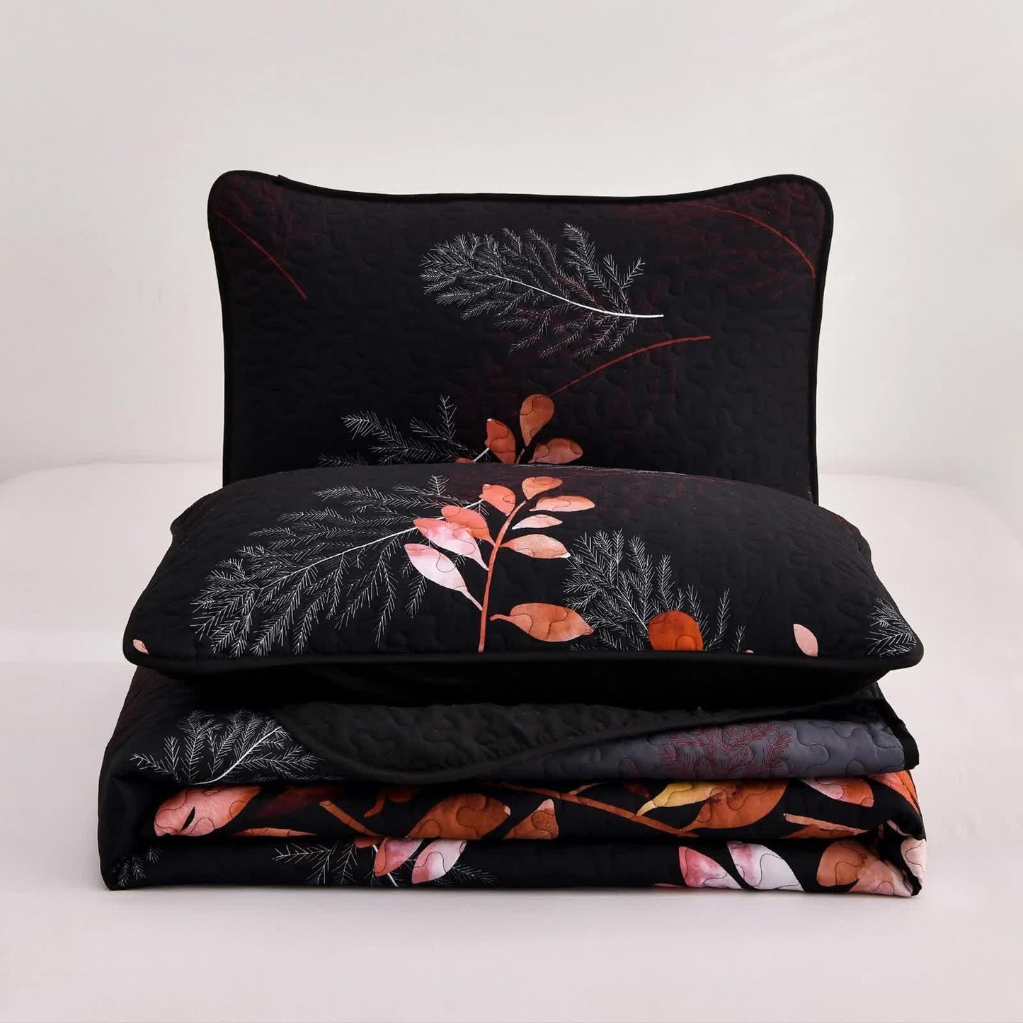 Black and Red Leaves Quilted Bedspread & Pillowcase Set - Mekamart Australia