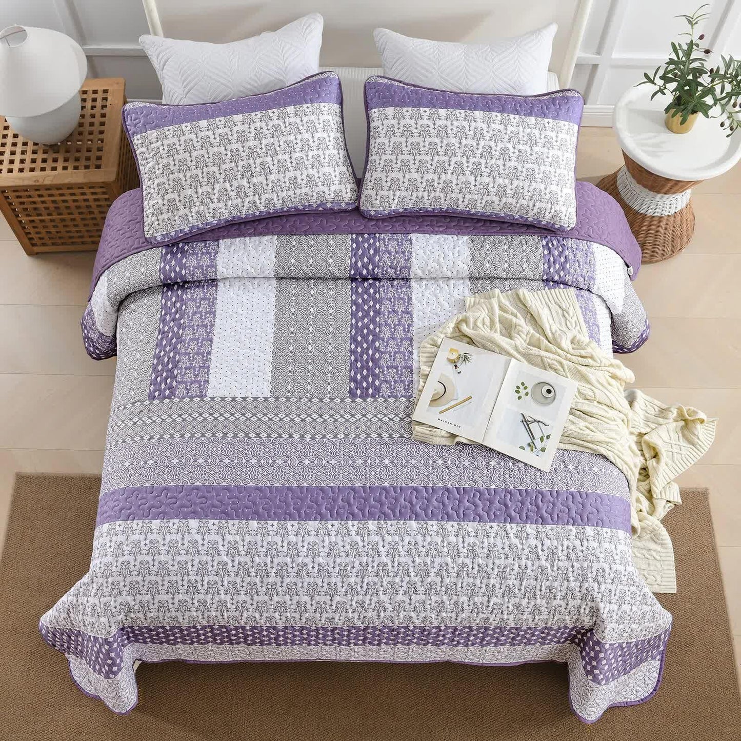 Bohemian Purple and White Quilted Bedspread or Coverlet Set and matching pillowcases - Mekamart Australia