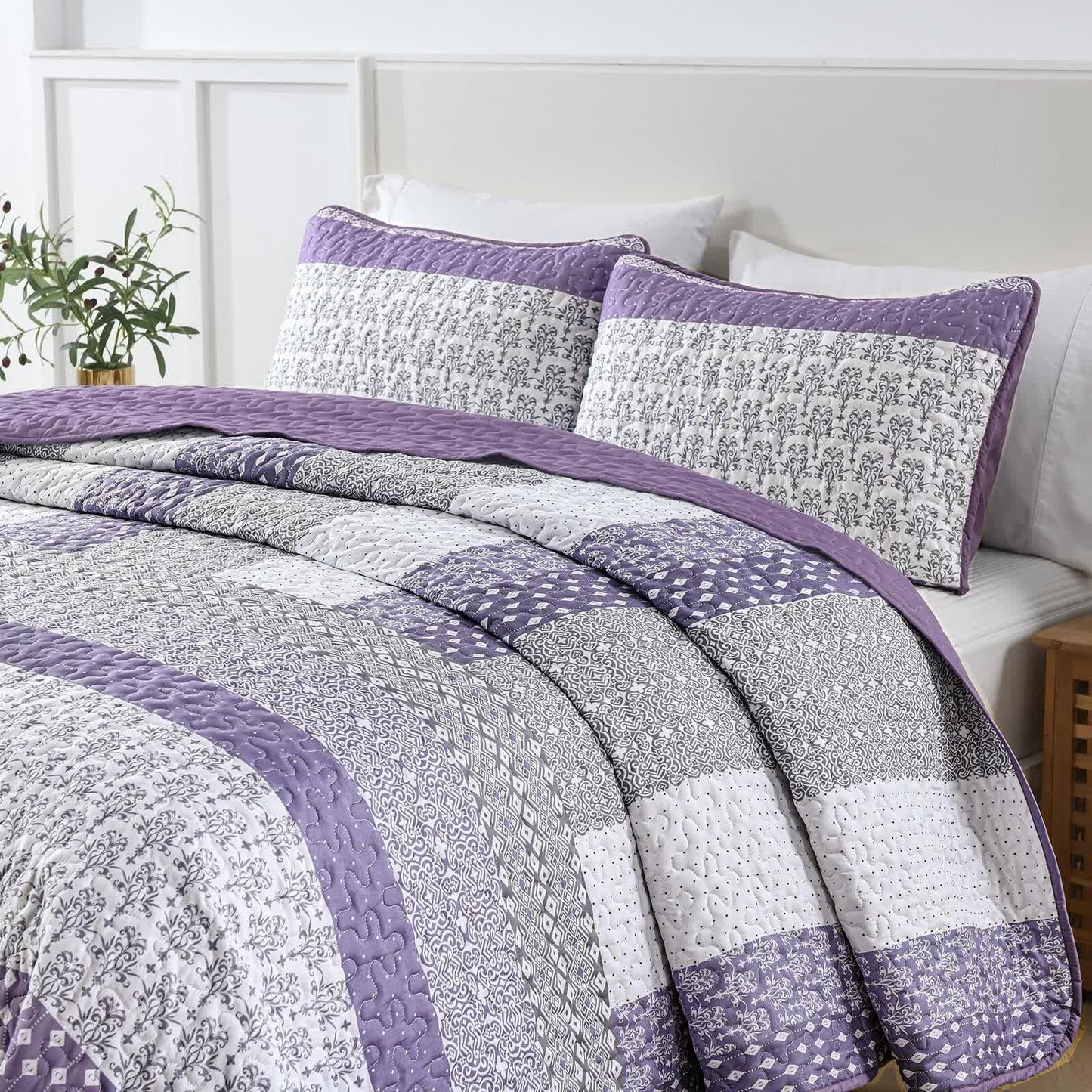 Bohemian Purple and White Quilted Bedspread or Coverlet Set and matching pillowcases - Mekamart Australia