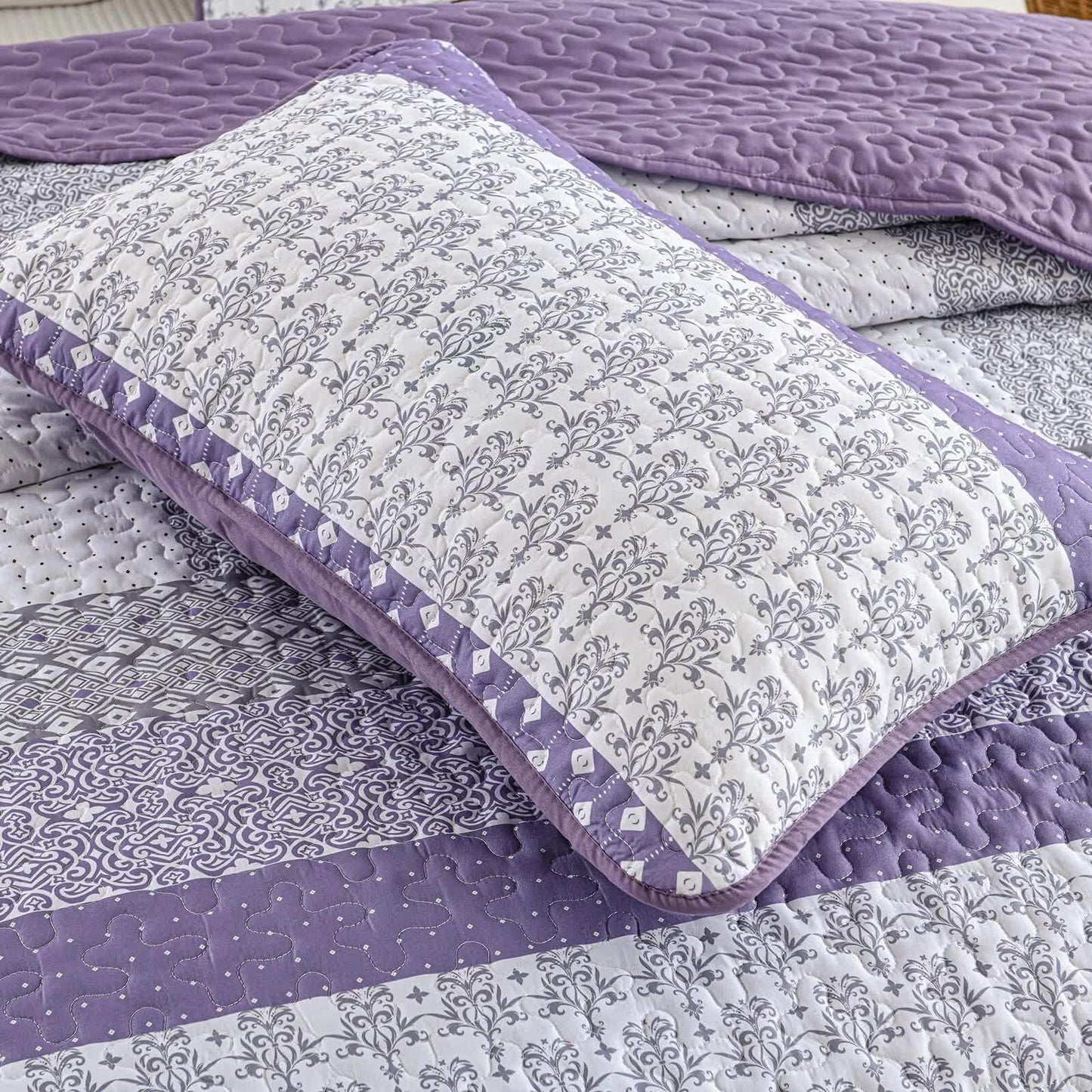 Bohemian Purple and White Quilted Bedspread or Coverlet Set and matching pillowcases - Mekamart Australia