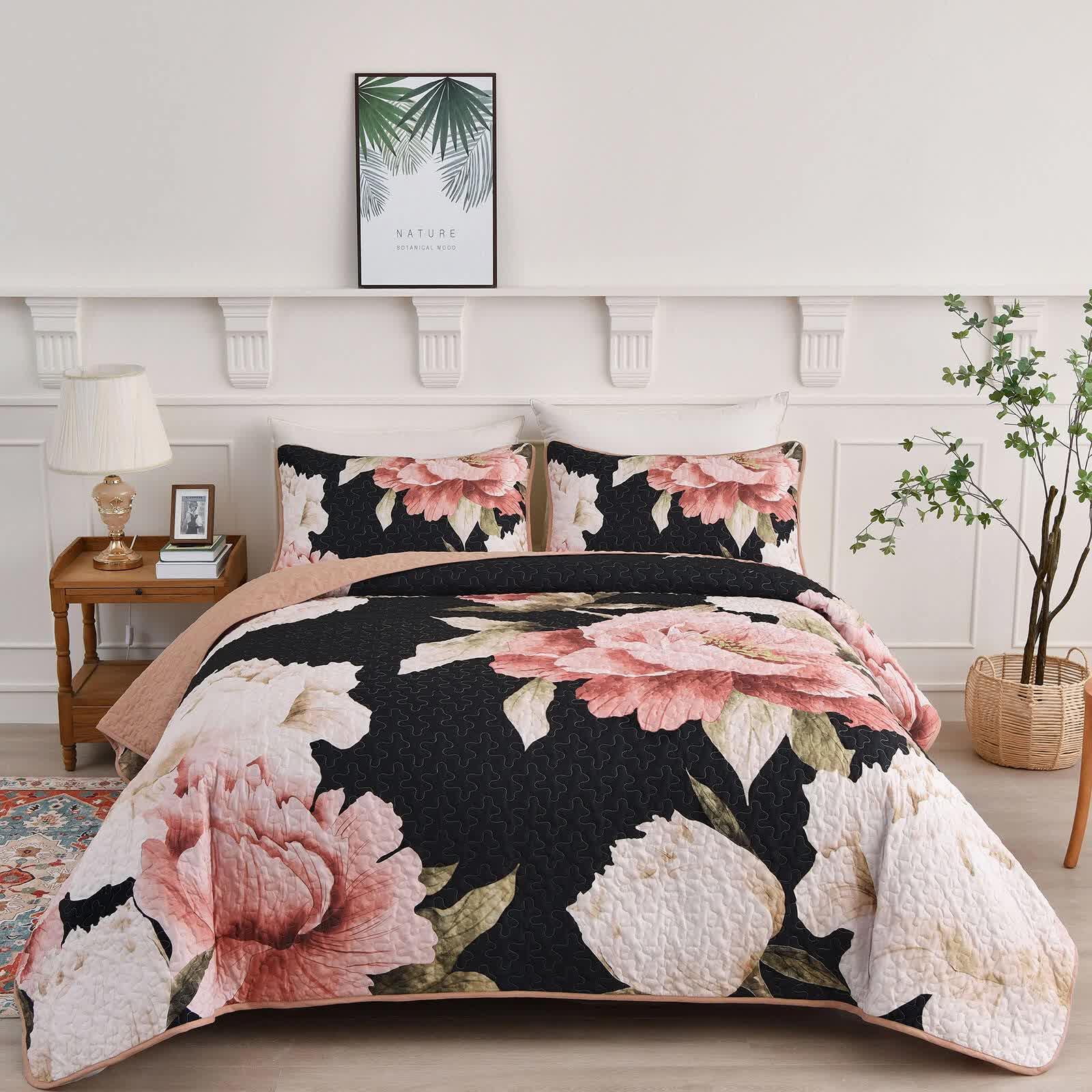 Blossom Trio Quilted Coverlet Set with Pillowcases (Black, Red & Pink - Mekamart Australia