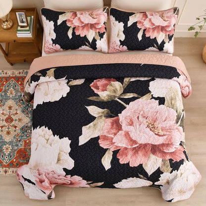 Blossom Trio Quilted Coverlet Set with Pillowcases (Black, Red & Pink - Mekamart Australia