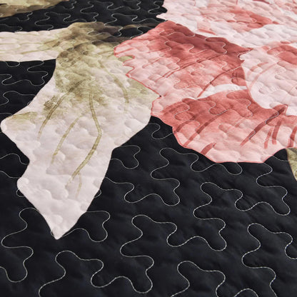 Blossom Trio Quilted Coverlet Set with Pillowcases (Black, Red & Pink - Mekamart Australia