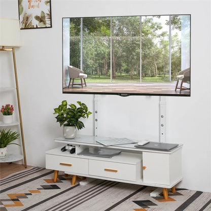 White Adjustable Free Standing TV Stand with Cable Management for TVs Size 32-100inch