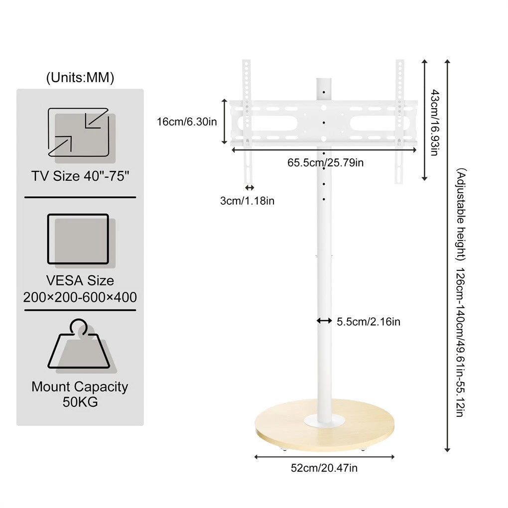 40-75 Inches Rolling TV Floor Stand Heavy Duty Steel TV Cart Mount with Hidden Wheels, Height Adjustable Free-Standing TV Bracket with Wooden Base for Flat Screen TVs
