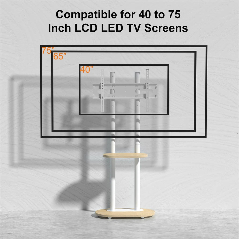40-75 Inches Heavy Duty Mobile TV Floor Stand with Wooden Shelf, Height Adjustable Rolling TV Mount for Flat Screen, Free-Standing Steel TV Bracket with Wheels