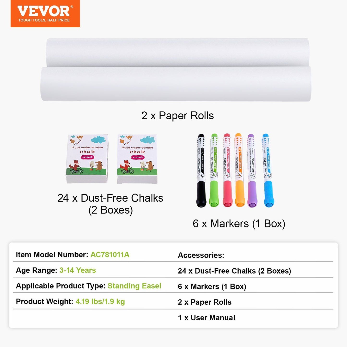 Easel Accessory Set, 32 PCS Kid's Art Easel Painting Kit Including Chalks, Dry-Erase Markers & Paper Rolls
