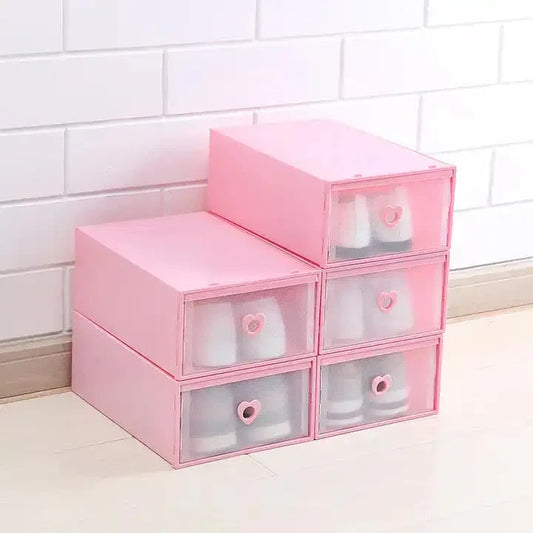 Stackable Transparent Shoe Storage Boxes with Heart-Shaped Handles (Set of 5) 31*20*12cm Pink - Mekamart Australia