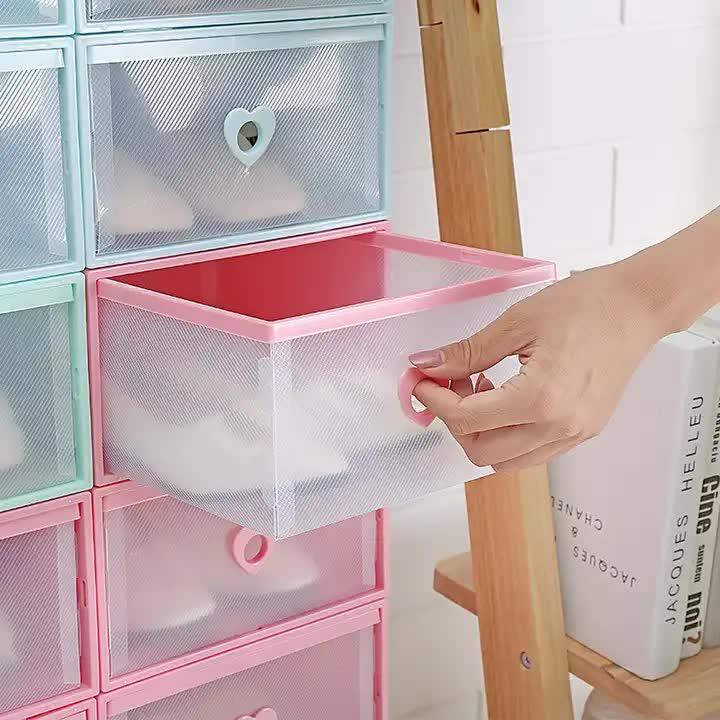 Stackable Transparent Shoe Storage Boxes with Heart-Shaped Handles (Set of 5) 31*20*12cm Pink - Mekamart Australia