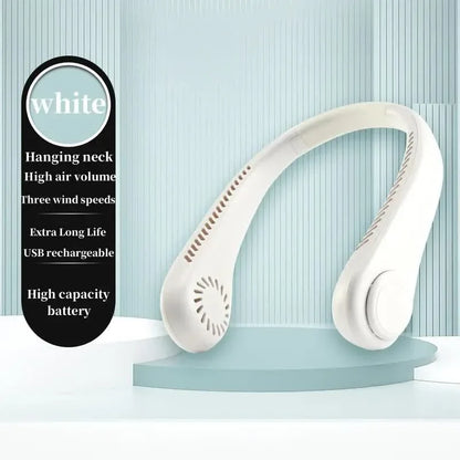 2PCS White Leafless Hanging Neck Fan - Rechargeable Portable Hands-Free Cooling Fan with 3 Speeds - Mekamart Australia