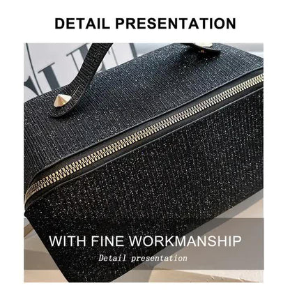 Black Shiny Large Capacity Makeup Bag - Multi-Function Travel Toiletry Organizer, Handheld Cosmetic Storage Bag - Mekamart Australia
