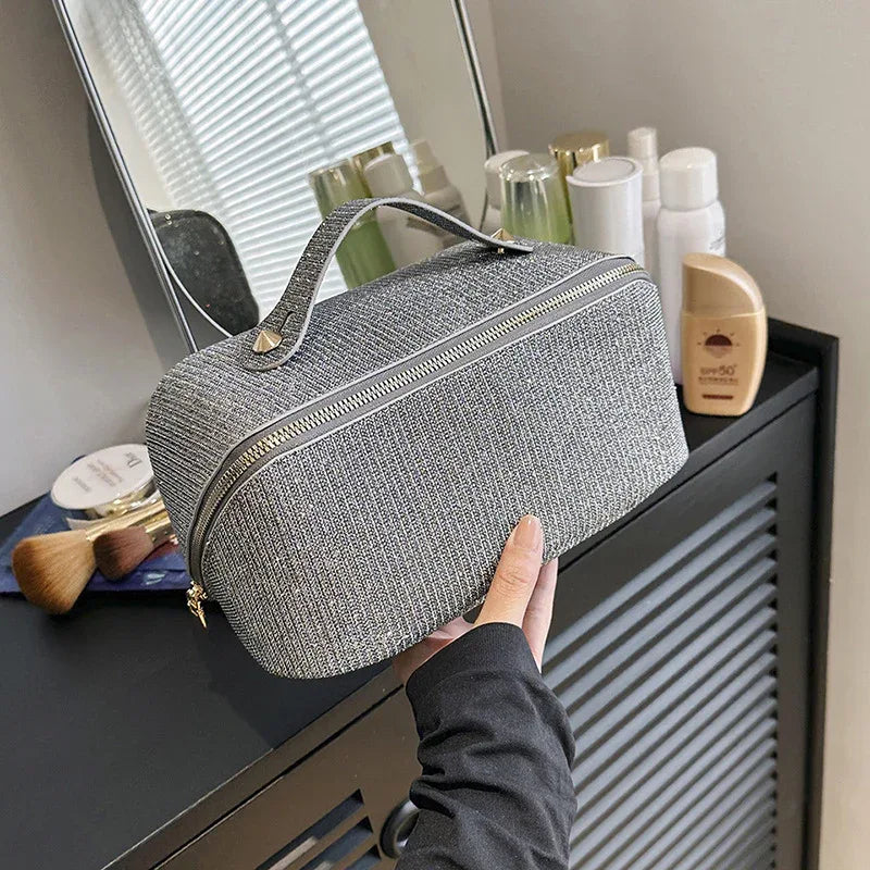 Gray Shiny Large Capacity Makeup Bag - Multi-Function Travel Toiletry Organizer, Handheld Cosmetic Storage Bag - Mekamart Australia