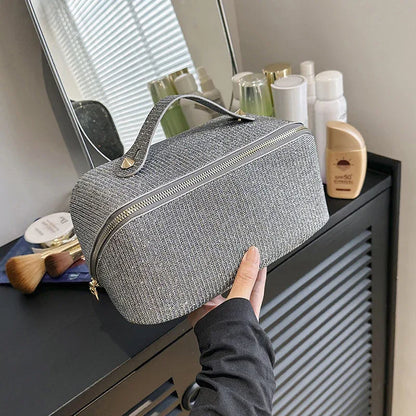 Gray Shiny Large Capacity Makeup Bag - Multi-Function Travel Toiletry Organizer, Handheld Cosmetic Storage Bag - Mekamart Australia