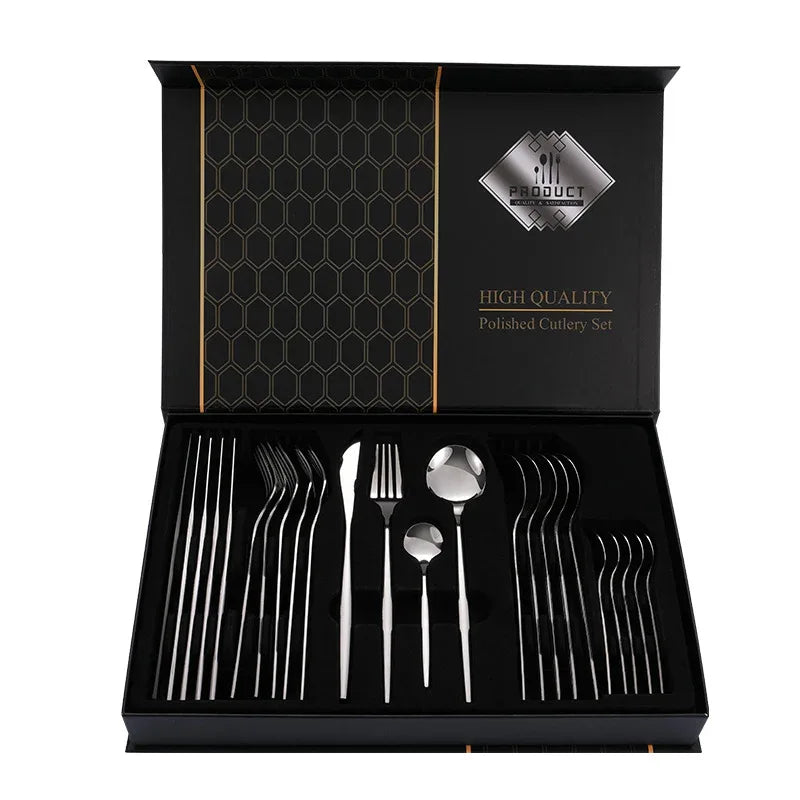 Silver Color Premium 24-Piece Stainless Steel Cutlery Set – Elegant Golden Steak Knife, Fork, and Spoon Set in Luxury Gift Box - Mekamart Australia